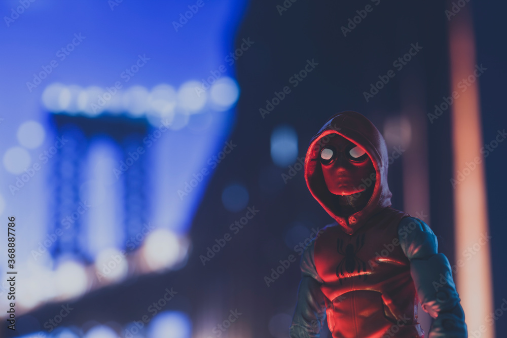 Obraz premium NEW YORK USA - AUGUST 2 2020: Scene with Marvel comic superhero Spiderman Far From Home - Hasbro Marvel Legends figure