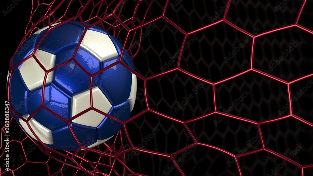 Blue-Black Soccer Ball in the Red Goal Net under spot lighting. Concept subjects such as technology, virtual reality, augmented reality, artificial intelligence. 3D illustration. 3D CG.