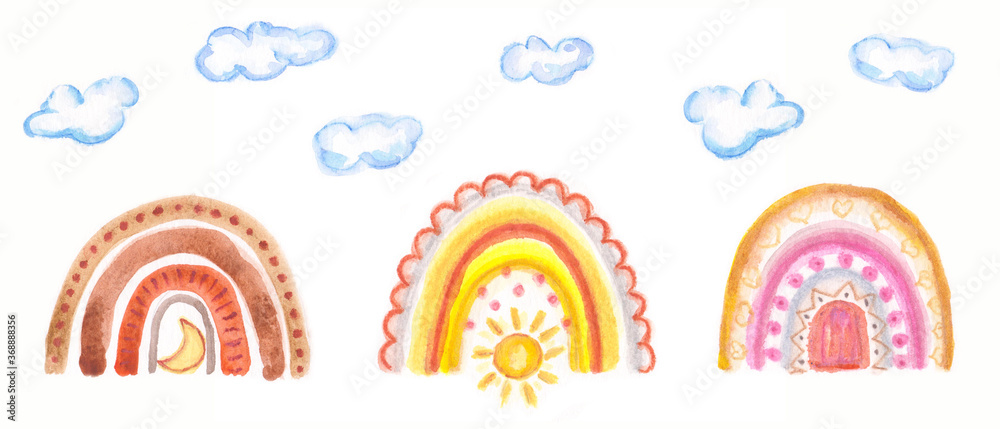 Watercolor set of colorful and cute rainbows. 