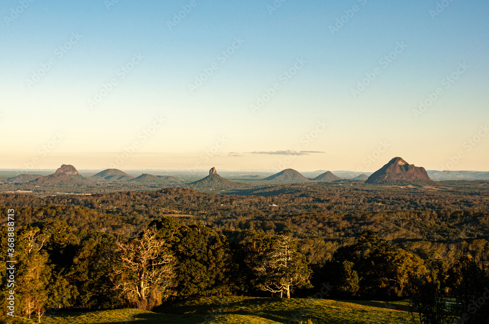 Panorama of Glasshouse Mountains, Sunshine Coast Hinterland, Queensland, Australia, from  Mary Cairncross Park