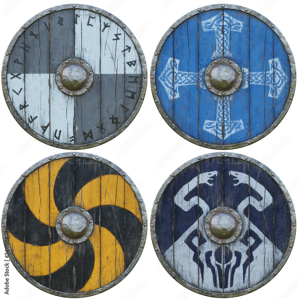 Naklejka premium Collection two of various military round shields with metal and wood construction and decorative designs and patterns on an isolated white background. 3d rendering