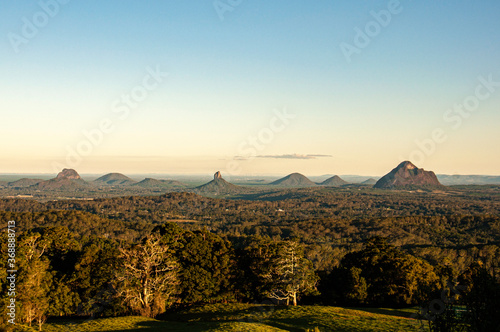 Panorama of Glasshouse Mountains, Sunshine Coast Hinterland, Queensland, Australia, from  Mary Cairncross Park photo