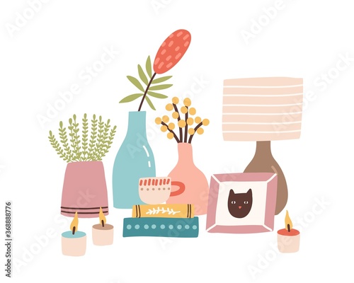 Home decor accessories on dressing bedside table. Modern girl items, stuff. Burning candle, cat photo portrait, houseplant, flower, book. Flat vector cartoon illustration isolated on white background