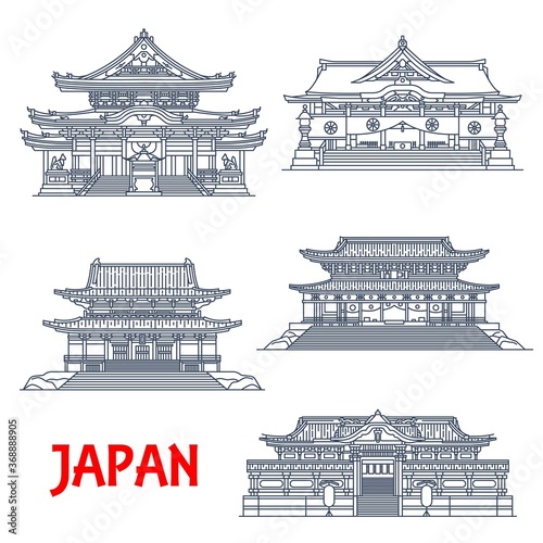Japanese travel landmark thin line design of Asian religious buildings, vector architecture. Buddhist temples of Zojo-ji, Rinno-ji and Toyokawa Inari, Tosho-gu and Hie Jinja Shinto shrines