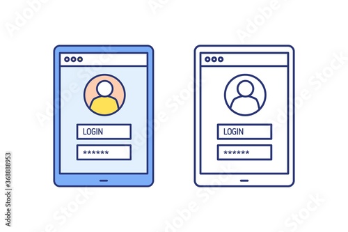 Login form, website, register, authorizing page, sign up. Mobile, tablet app, application. Username, password. Account interface. Flat vector line art illustration isolated on white background
