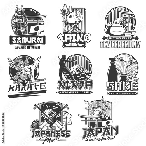 Japan vector icons of Japanese travel and tourism. Isolated Fuji mountain, bonsai, flag, tea ceremony set, paper fun, sake, dragon and kimono, torii gate, samurai, ninja and sakura monochrome symbols