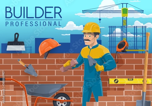 Builder with bricklayer work tools, construction industry worker cartoon vector. Mason, bricklayer or stonemason laying bricks with trowel, bricks, shovel, helmet or hard hat, wheelbarrow and spatula