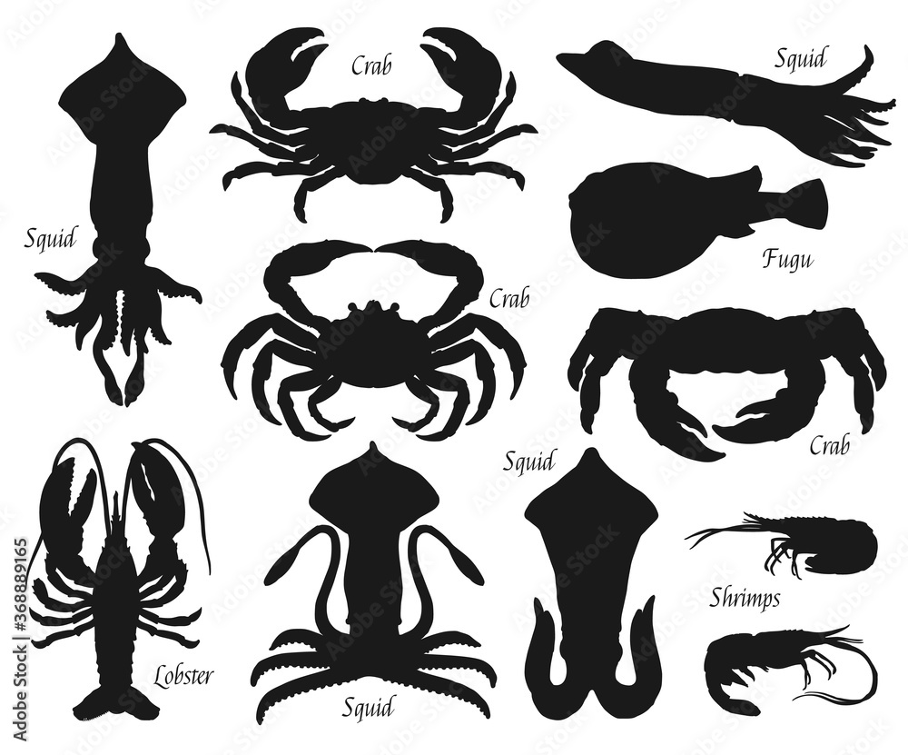 Sea animal and fish black silhouettes, vector seafood and shellfish. Crabs, squids and lobster, shrimp or prawn and fugu, isolated symbols of fish and crustaceans, fishing sport and fishery design Sea animal and fish black silhouettes, vector seafood and shellfish. Crabs, squids and lobster, shrimp or prawn and fugu, isolated symbols of fish and crustaceans, fishing sport and fishery design