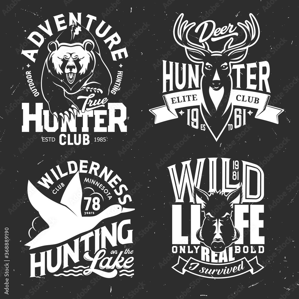 Fototapeta premium T-shirt jelenia, kaczki, niedźwiedzia i dzika nadruk makiety wektorowej klubu sportowego myśliwskiego. Polowanie na zwierzęta i ptaki dzikiego grizzly, renifera lub łosia, odznaki grunge łosi i wieprzów, niestandardowa odzież myśliwska z trofeami