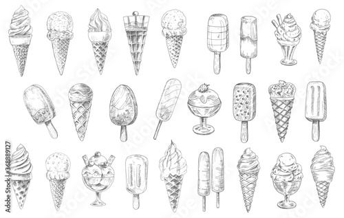 Ice cream cone, sundae dessert and stick vector sketches, hand drawn food. Ice cream waffle cones with vanilla and chocolate scoops, gelato, frozen sorbet and popsicle with strawberry flavor and nuts