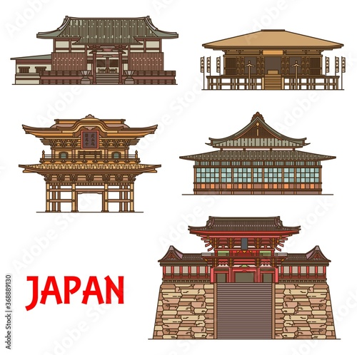 Japanese travel landmarks thin line vector of Buddhism religion buildings. Buddhist temples of Tokeiji, Hokokuji and Sugimoto-dera, Shinto Shrine Tsurugaoka Hachimangu and Kencho-ji Rinzai Zen temple