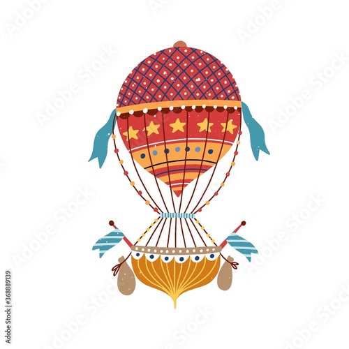 Vintage vivid victorian ornamental striped hot air balloon with star, flag. Flying dotted aerostat for t shirt print. Adventure element. Flat vector cartoon illustration isolated on white background