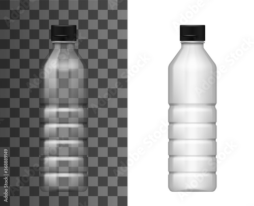Transparent plastic bottle realistic vector mockup of isolated empty package for mineral or clean water, soda drink, sauce, oil, milk or juice beverage. Disposable container, drink packaging 3d object