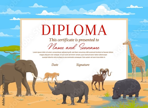Photography Kids diploma certificate vector template with african safari animals