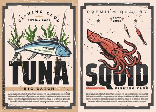 Fish and seafood fishing sport vector design with tuna, squid, fisherman tackles. Fishing rod, lure and baits, spinning reels and seaweed grunge posters of fisherman club