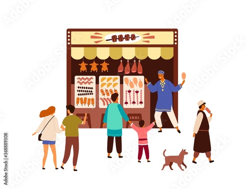 Turkish, Eastern kebab street market, souk, oriental local bazaar. People, tourists in Arabic marketplace stall buying food, meat, grilled chicken. Flat vector cartoon illustration isolated on white.