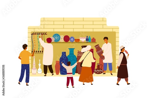 Arabic, Oriental, Eastern street haggling, market souk, local bazaar. People walking in marketplace. Tourist buy clay pot, plate, pottery, hookah. Flat vector cartoon illustration isolated on white