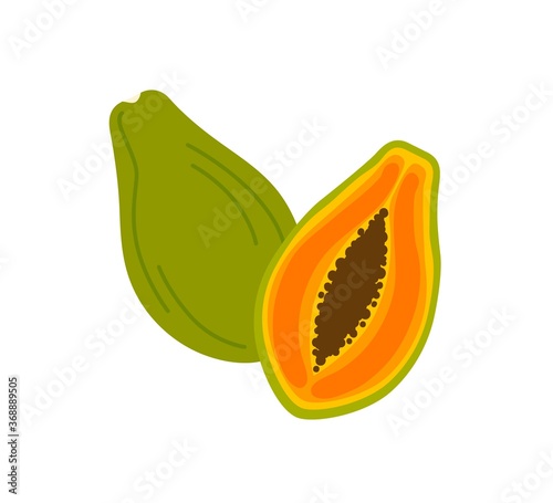 Ripe papaya cross section, half and whole exotic delicious fruit with black seeds. Flat vector cartoon illustration isolated on white background