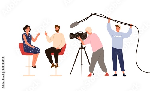 Talk show studio with interviewing, discussing hosts. People recording tv program, cameraman, journalists at work. On air news. Flat vector cartoon illustration isolated on white background