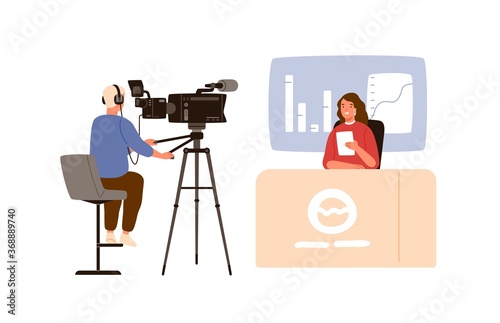 Cameraman and correspondent woman reporting latest news at newcast studio. On air journalist people. TV streaming, reportage, program. Flat vector cartoon illustration isolated on white background