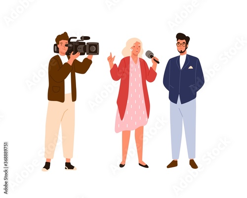 Woman reporter and cameraman interviewing celebrity man on air. Journalist people make news program in real time. TV record, newscaster. Flat vector cartoon illustration isolated on white background