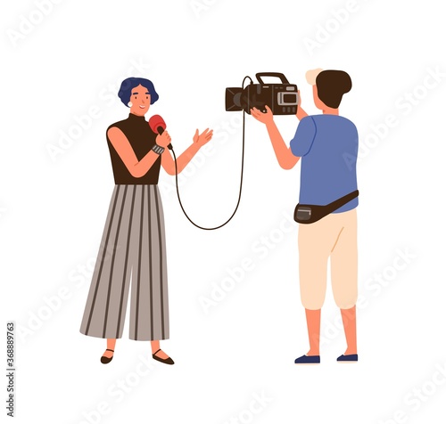 Woman reporter and operator. Correspondent people make news live program, real time, on air. TV videographer record, shoot newscast. Flat vector cartoon illustration isolated on white background