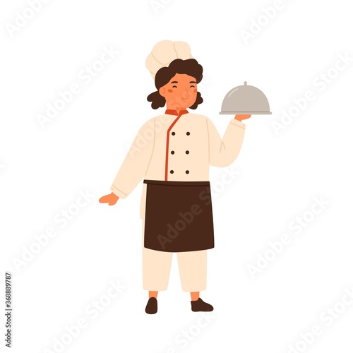 Adorable children little chef cute girl in professional uniform. Child in cooking apron. Smiling kid serving main course dish ready meal. Flat vector cartoon illustration isolated on white background