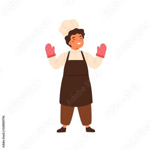 Adorable chief cook portrait. Cute little boy in professional baker uniform. Children in apron, toques, chefs hat, oven gloves. Flat vector cartoon illustration isolated on white background