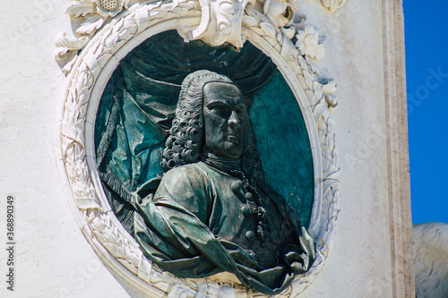 Closeup of the monument and the statue located at The Marquis of Pombal Square, an important roundabout in the city of Lisbon, the coastal capital city of Portugal 
 photo