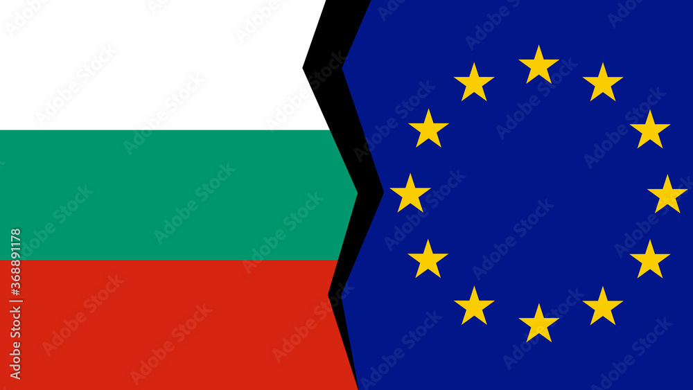 Vector illustration of the flags of the European Union and Bulgaria, with a split/tear/fissure in between, indicating a conflict/disagreement/parting between the two. Vector illustration of the flags of the European Union and Bulgaria, with a split/tear/fissure in between, indicating a conflict/disagreement/parting between the two.