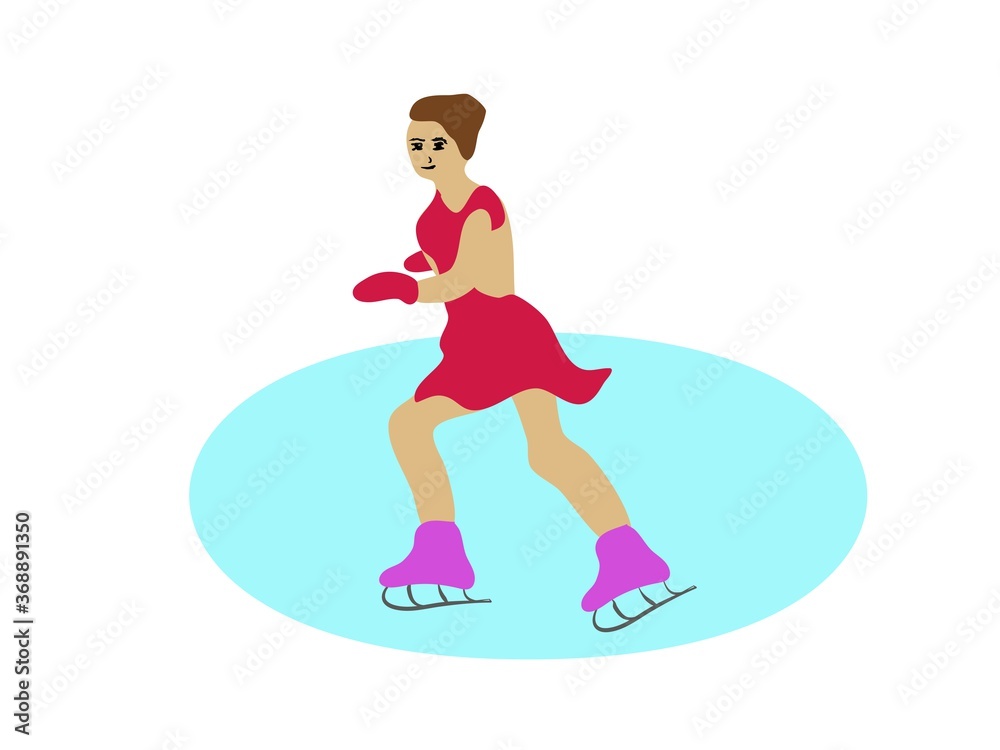 Figure skating, hand drawing sketch in modern style. Girl in skates on rink. Vector illustration color