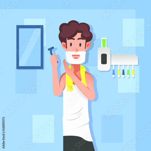 A man shaves his mustache and beard