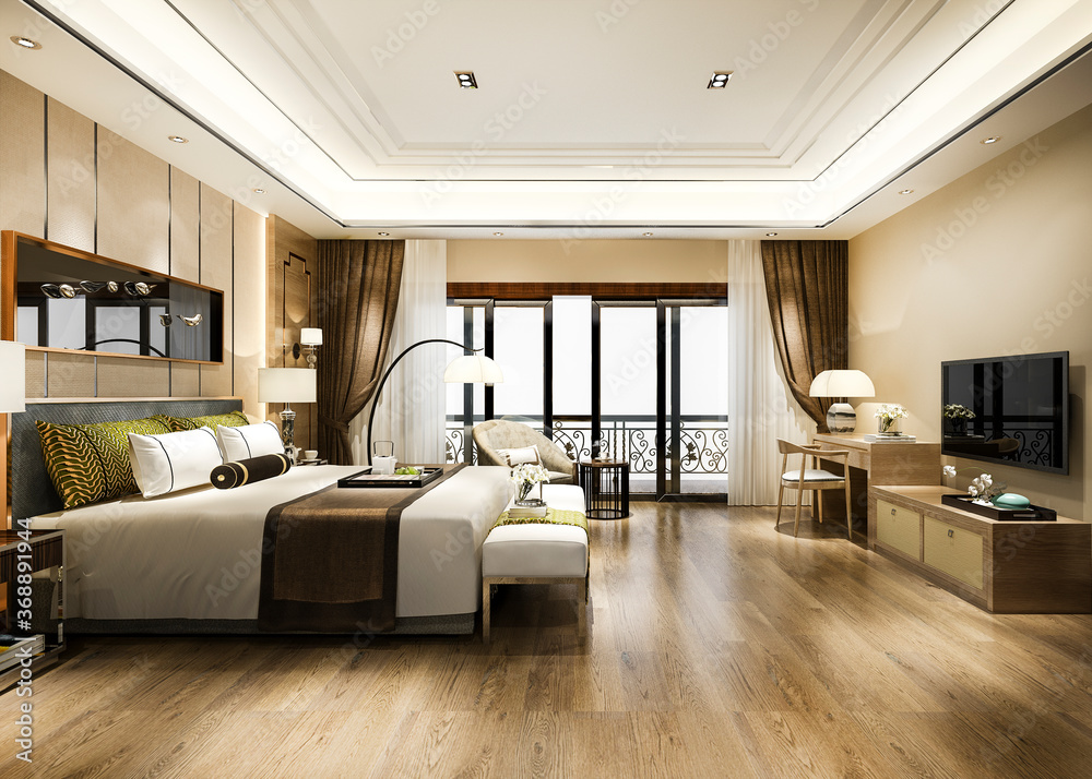 3d rendering luxury bedroom suite in resort high rise hotel with working table - obrazy, fototapety, plakaty 