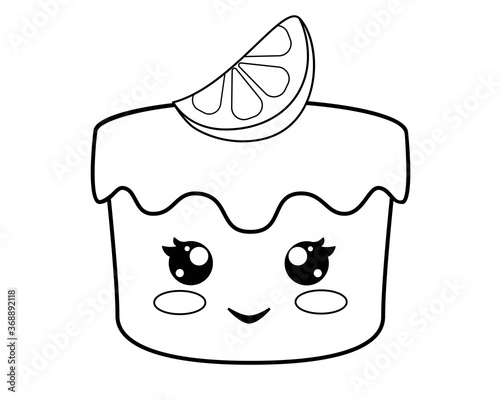 Cake with cute face and lemon wedge - vector linear illustration for coloring. Kawaii lemon cupcake with smile - element for coloring book. Outline.
