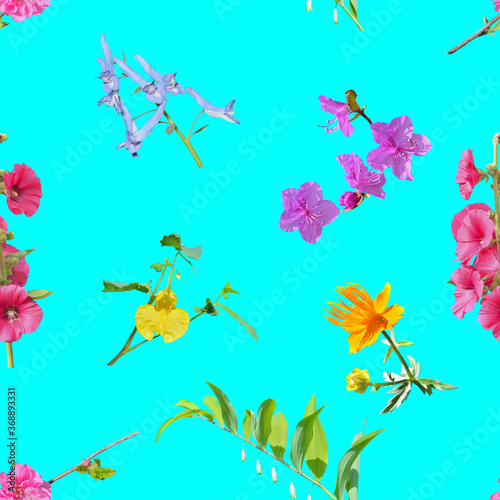Various wild and cultivated flowers. Seamless pattern.