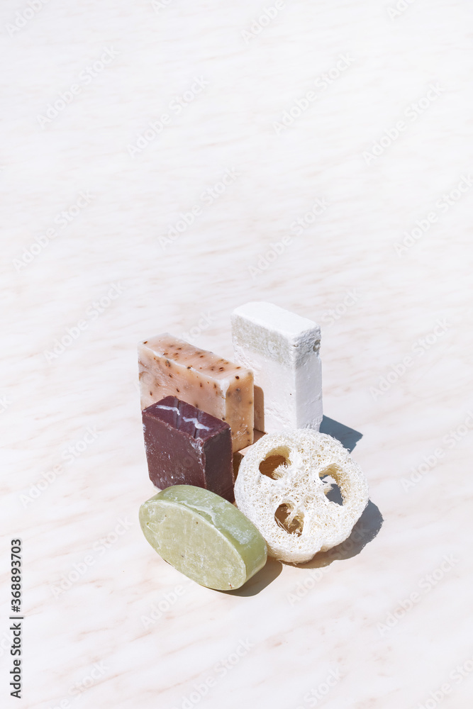 Set of Soap Eco Bag, Shadow concept natural Eco cosmetics products and tools.