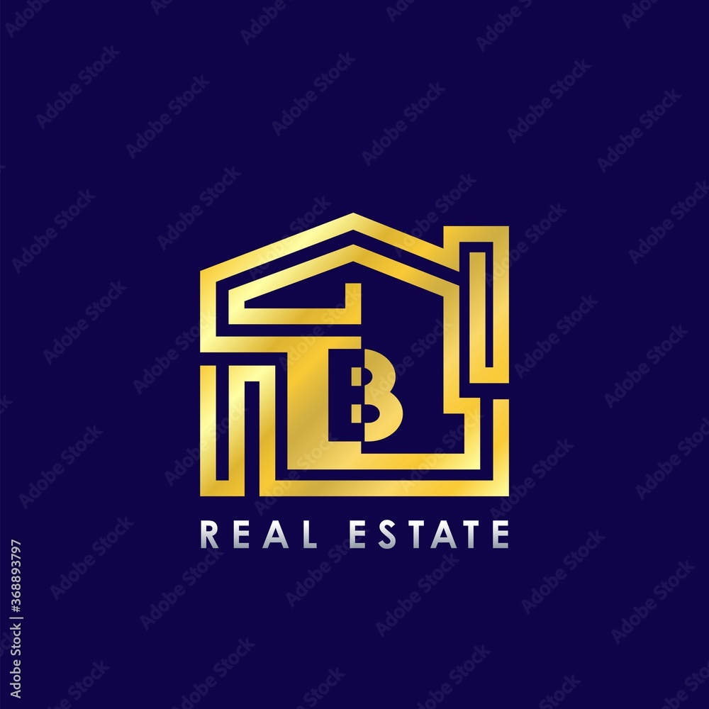 Golden B Line House Logo Template Design for Building Real Estate Business Identity Logo Icon.