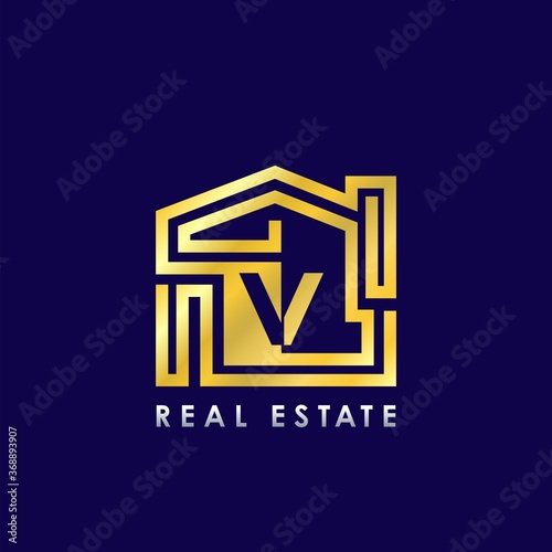 Golden V Line House Logo Template Design for Building Real Estate Business Identity Logo Icon.