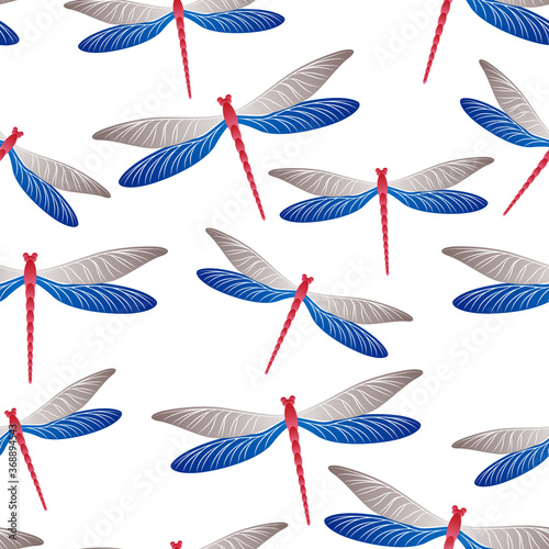 Dragonfly cute seamless pattern. Spring clothes textile print with flying adder insects. Flying 