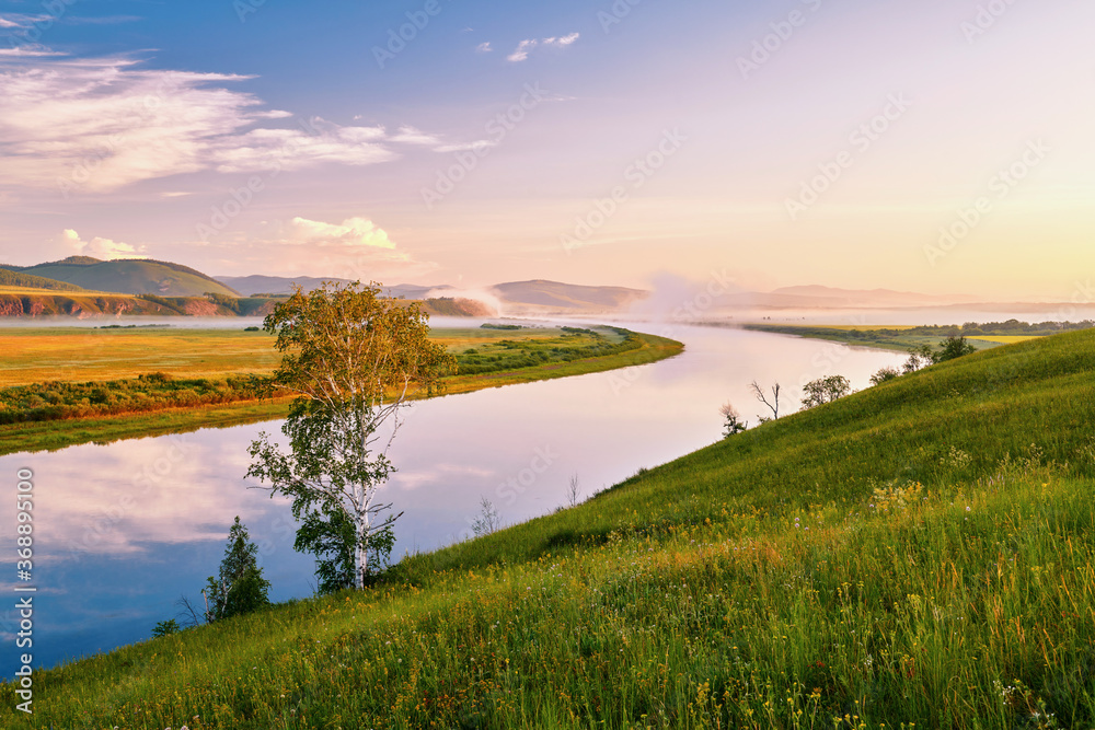 Ergun River sunriseand sunset landscape in Linjiang  Ergun city  Inner Mongolia, China.