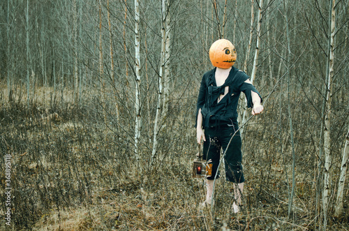 Halloween Scarecrow with a pumpkin on his head and a lantern in his hands wanders through the woods on the eve of all saints day