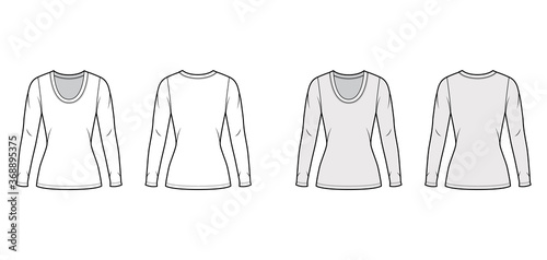 Scoop neck jersey shirt technical fashion illustration with long sleeves, close-fitting shape tunic length. Flat apparel template front back white grey color. Women men unisex outfit top CAD mockup