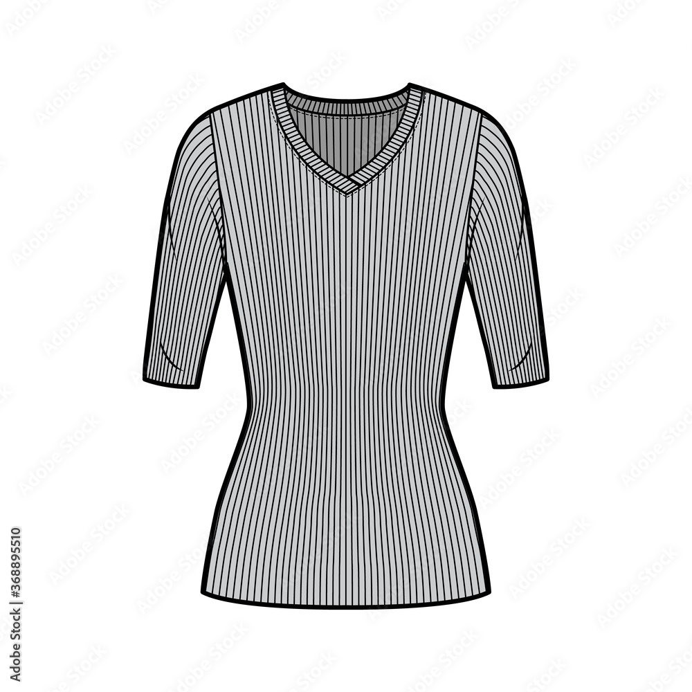 Ribbed V-neck knit sweater technical fashion illustration with elbow sleeves, close-fitting shape, tunic length. Flat outwear apparel template front grey color. Women men unisex top CAD mockup