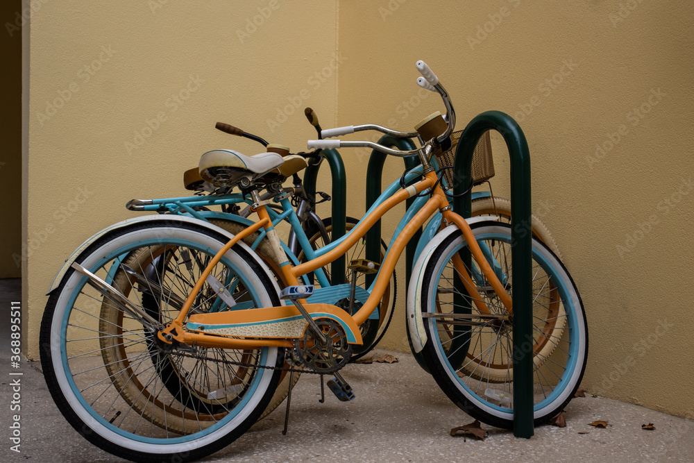 Colorful vintage bicycles in the street