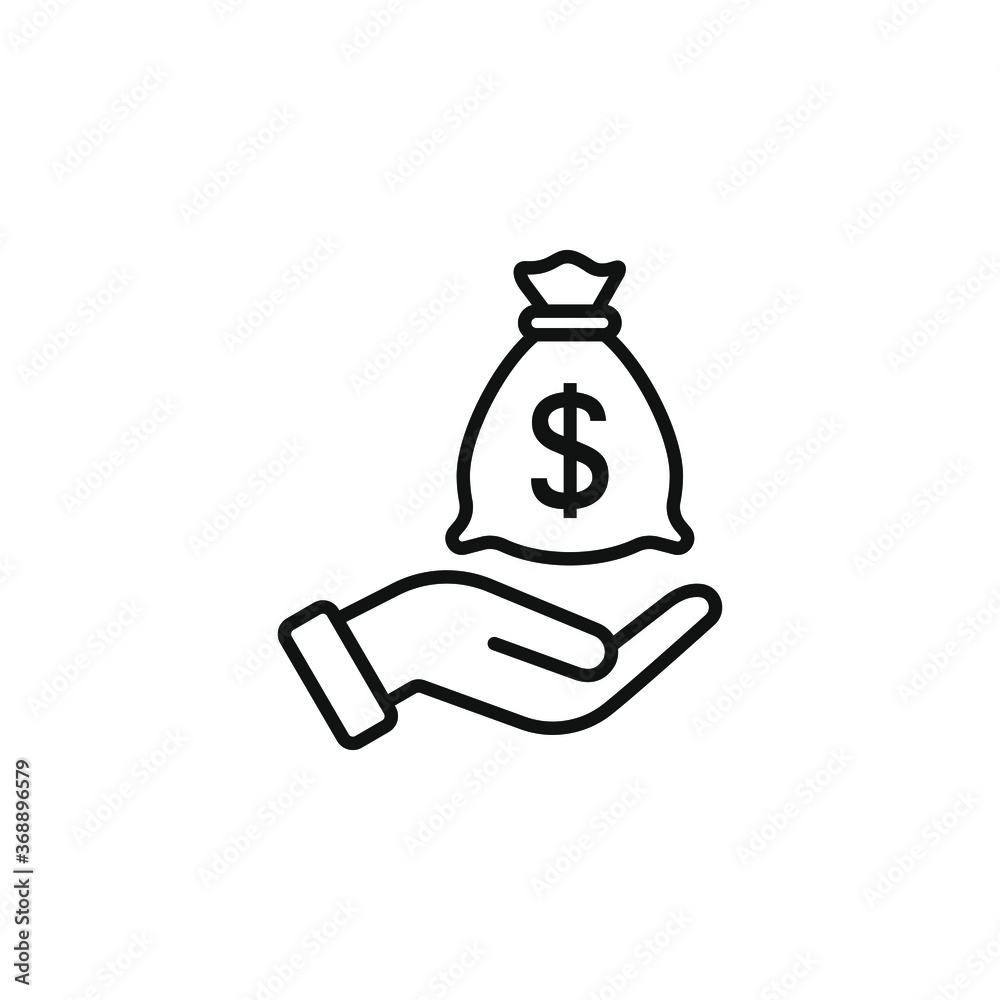 Money bag in hand line icon isolated on white background. Vector illustration Money bag in hand line icon isolated on white background. Vector illustration