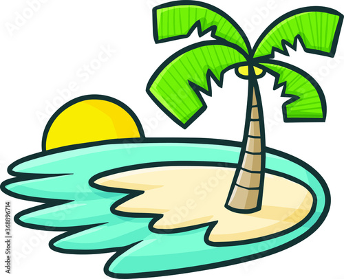 Cute and funny sunset beach icon in simple cartoon style
