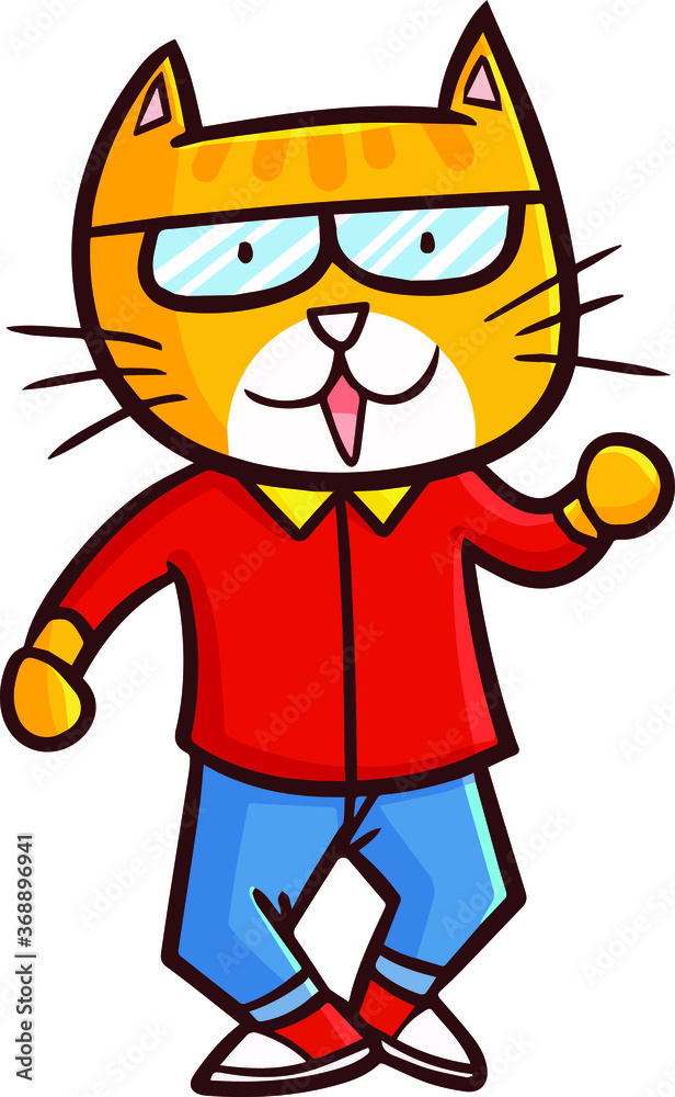 Naklejka premium Funny and cute cat with red shirt and eyeglasses standing