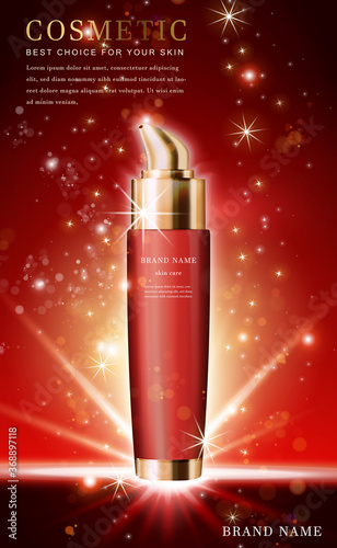 Vector 3D cosmetic make up illustration product essence bottle with shiny red background