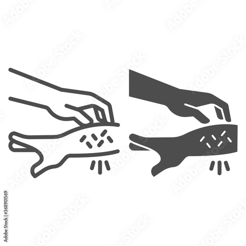 Allergic hand scabies line and solid icon, Allergy concept, Rash hand sign on white background, one hand scratches other because of allergies icon in outline style for mobile and web. Vector graphics.