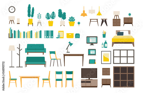 Set of vector interiors with furniture. Isolated modern flat vector illustrations of various interiors.